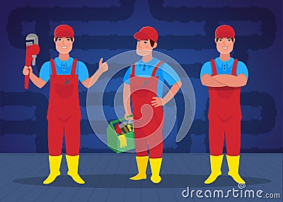 Plumbers with tools cartoon flat character, vector illustration. Vector Illustration